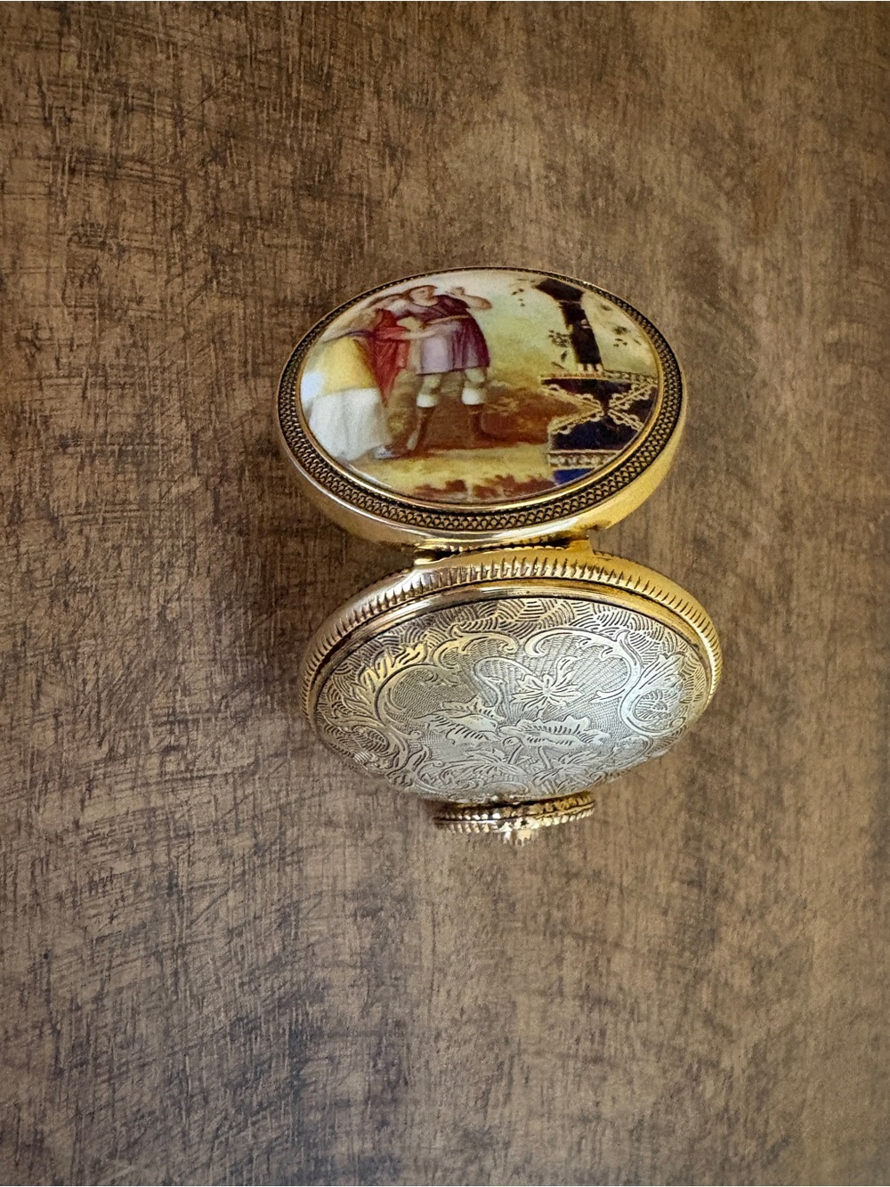 Vintage Gold Tone Enamel Portrait Pocket Watch Case by Impress - very decorative